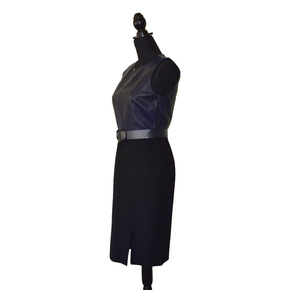 A8 Auth ELIE TAHARI Isadora Leather Combo Sleeveless Buckle Belted Dress Size 4 - Picture 2 of 5
